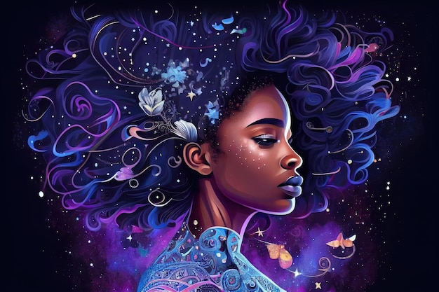 Une jolie déesse adolescente afro-américaine avec une belle coiffure afrocentrique faite de corps célestes se fond dans l'univers