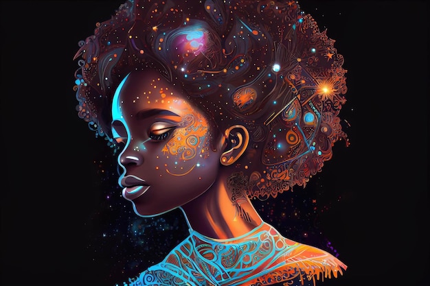 Une jolie déesse adolescente afro-américaine avec une belle coiffure afrocentrique faite de corps célestes se fond dans l'univers