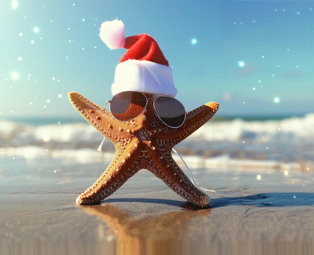 Une jolie étoile de mer portant des lunettes de soleil et un chapeau de Noël sur la plage
