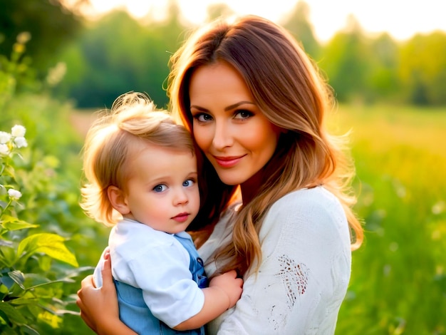 Une jolie famille à l'extérieur, une jeune et jolie mère avec son fils.