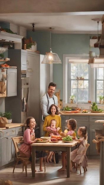 La jolie famille s'amuse dans la cuisine.