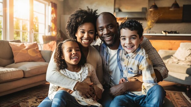 Une jolie famille souriante à la maison.