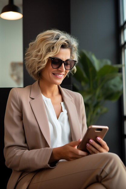 Une jolie femme d'affaires adulte assise avec un téléphone portable et souriante Concept de personne à succès