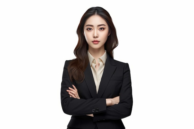 jolie femme d'affaires asiatique en costume noir et bras croisés