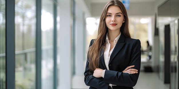 Jolie femme d'affaires brune portant un costume dans un bureau