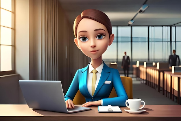 une jolie femme d'affaires travaillant avec un ordinateur portable et ayant une bonne idée illustration 3D