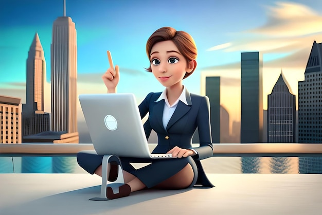 une jolie femme d'affaires travaillant avec un ordinateur portable et ayant une bonne idée illustration 3D