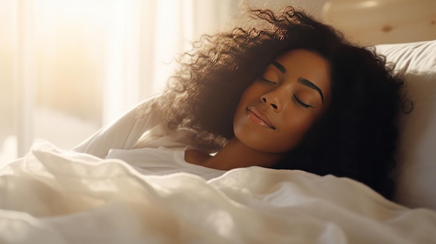 Une jolie femme afro-américaine dort calmement sous une couverture sur un lit doux à la maison.