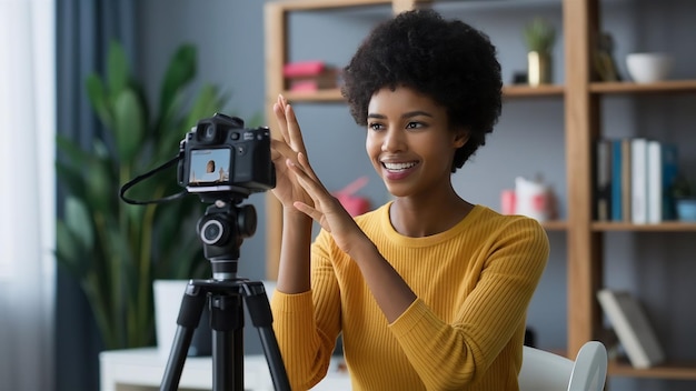 Une jolie femme afro-américaine fait une vidéo pour son blog à l'aide d'une caméra numérique montée sur un trépied.