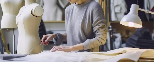 Jolie femme âgée travaillant avec des mannequins et des tissus colorés dans un studio de mode