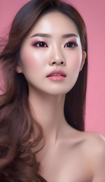 Jolie femme asiatique belle modèle cheveux longs avec maquillage fantaisie sur le visage et peau parfaite accroupie