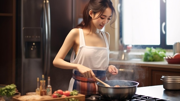 Une jolie femme asiatique prépare un repas dans la cuisine avec un sourire joyeux.