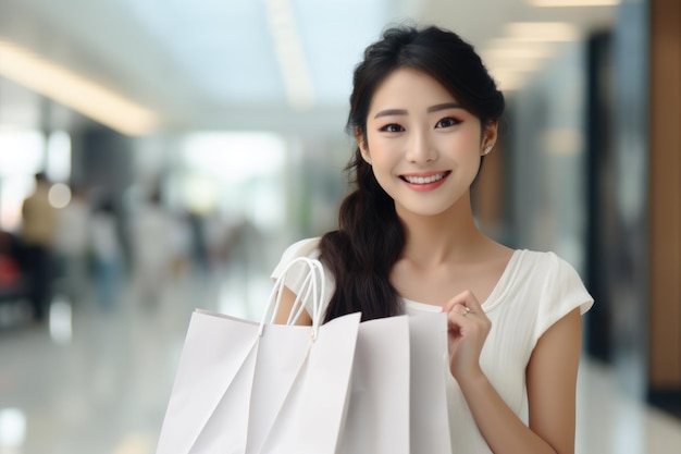 Jolie femme asiatique souriante et tenant des sacs à provisions se sentant heureuse et profitant de la vente du vendredi noir dans le centre commercial