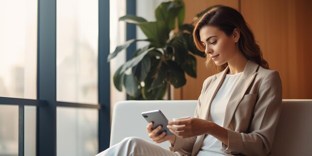 Jolie femme assise sur un canapé à la maison à l'aide d'une application mobile sur un téléphone portable