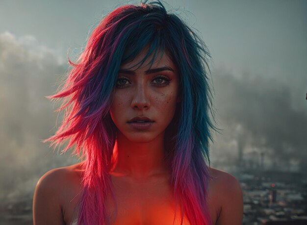 Jolie femme aux cheveux colorés dans un cadre industriel de fumée