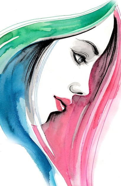 Jolie femme aux cheveux colorés. Dessin à l'encre et à l'aquarelle