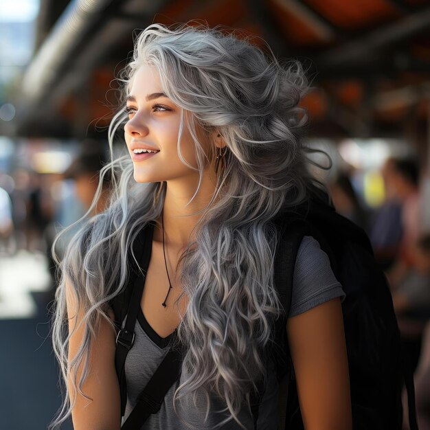 Photo une jolie femme aux cheveux longs souriant en plein air