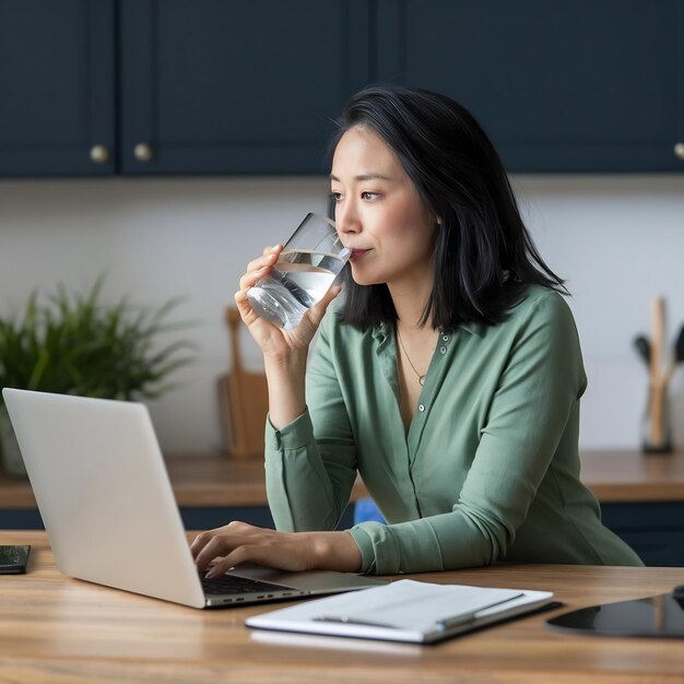 Photo une jolie femme aux cheveux noirs travaille sur son ordinateur portable et boit de l'eau dans la cuisine.