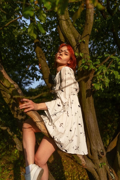 Jolie femme aux cheveux rouges en blanc est assise sur la branche des arbres et pose à la lumière du coucher du soleil.