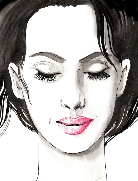 Jolie femme aux yeux fermés. Dessin à l'encre et à l'aquarelle