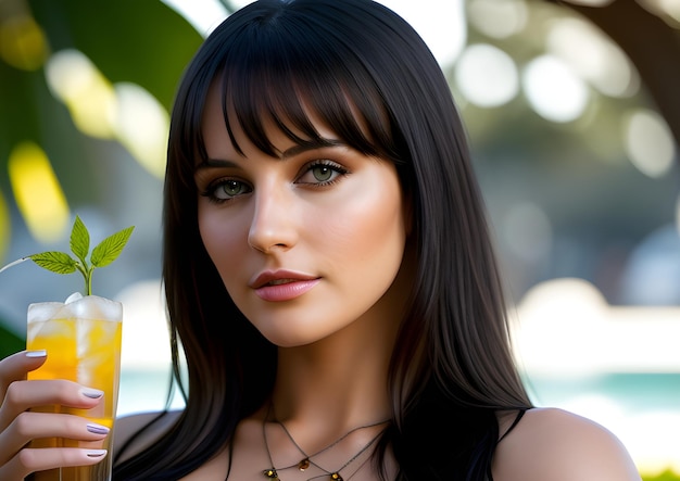 Jolie femme brune dégustant un cocktail dans le jardin Intelligence Artificielle Générative