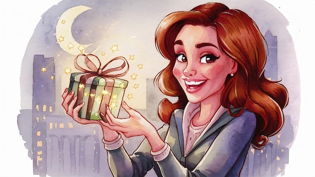 Une jolie femme brune ouvre un cadeau adorable avec des lumières