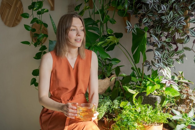 Jolie femme caucasienne dans une robe orange à la maison boit du thé dans une tasse transparente