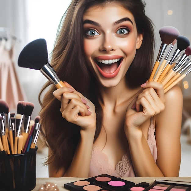 Une jolie femme caucasienne excitée assise à table avec des outils de maquillage tenant des pinceaux à maquillage