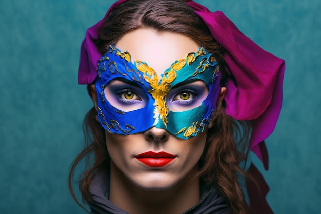 Jolie femme causasienne portant un masque de carnaval coloré isolé sur fond bleu ai générative