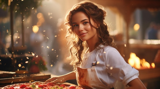 Une jolie femme chef cuisinait une pizza