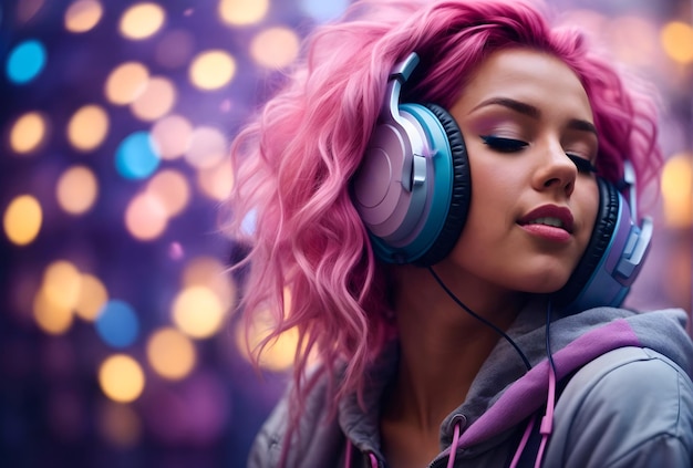 Jolie femme cheveux roses écoutant de la musique sur un casque bleu bokeh backgroundconception de bannière urbaine