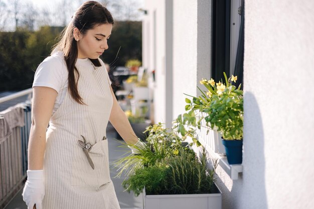 Jolie femme commence à atterrir sur le balcon