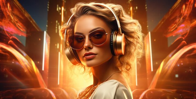 Jolie femme dans un casque dj et des lunettes de soleil