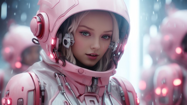 Jolie femme dans une combinaison spatiale rose dans un monde futuriste