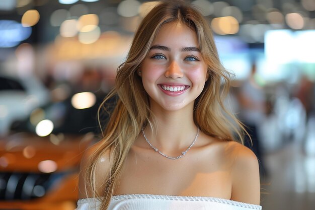 une jolie femme debout avec des voitures de luxe à un salon automobile