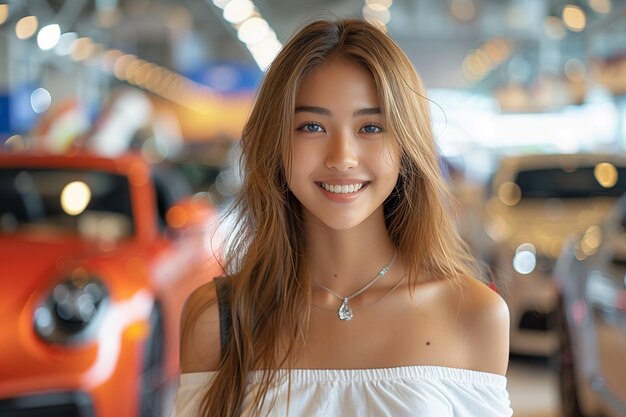 une jolie femme debout avec des voitures de luxe à un salon automobile