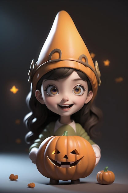 Une jolie femme de dessin animé tient une citrouille avec un style de mode d'Halloween