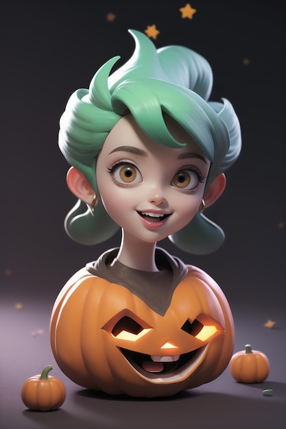 Une jolie femme de dessin animé tient une citrouille avec un style de mode d'Halloween