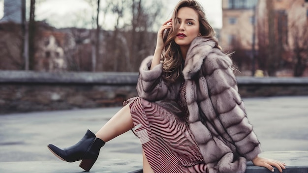 Une jolie femme européenne en manteau de fourrure d'hiver et une robe élégante assise