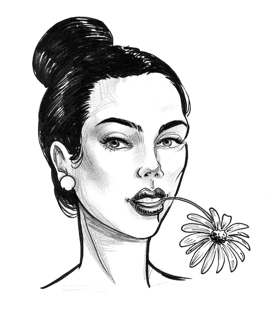 Jolie femme avec une fleur. Dessin noir et blanc à l'encre