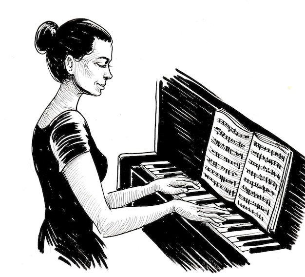 Une jolie femme jouant du piano dessin en noir et blanc