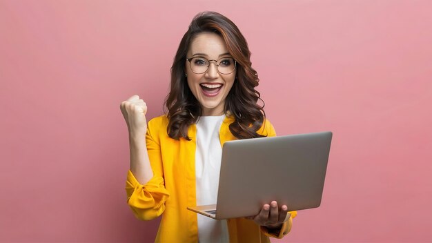 Une jolie femme joyeuse en lunettes tenant un ordinateur portable et montrant le poing excité par la victoire