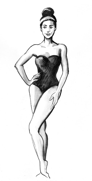 Photo jolie femme en maillot de bain. dessin noir et blanc à l'encre