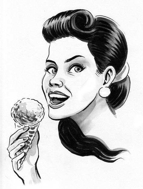 Jolie femme mangeant une glace. Dessin noir et blanc à l'encre