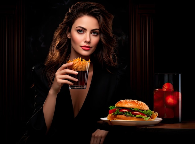 Jolie femme mangeant un hamburger et des frites