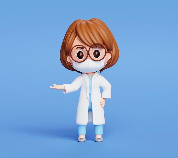 Jolie femme médecin dessin animé personnage présentation copie espace soins de santé et bannière médicale concept illustration 3d dessin animé