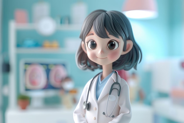 Une jolie femme médecin de dessin animé avec un stéthoscope dans une chambre d'hôpital