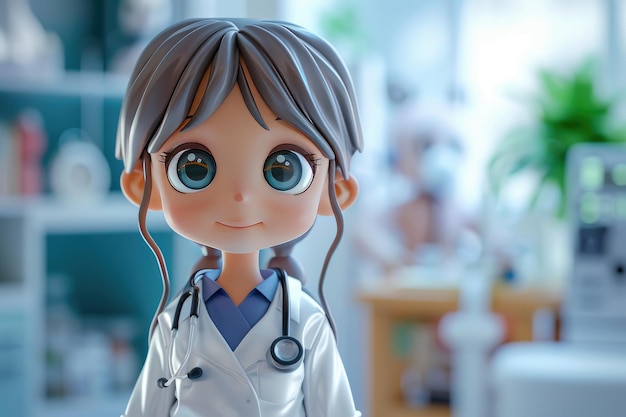 Une jolie femme médecin de dessin animé avec un stéthoscope dans une chambre d'hôpital