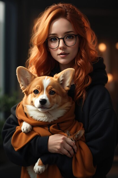 Photo une jolie femme avec un mignon chien.