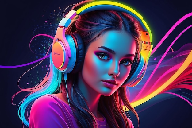 Une jolie femme à la mode avec des écouteurs écoutant de la musique sur les ondes de néon de couleur et les lignes de fond au studio